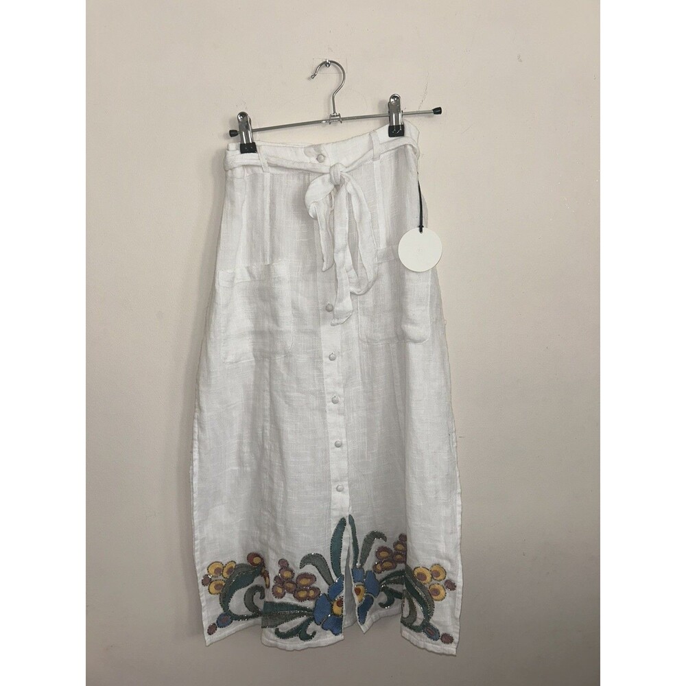 Tularosa Skirt S White Embroidered Floral Tie Waist Button Front Midi NWT